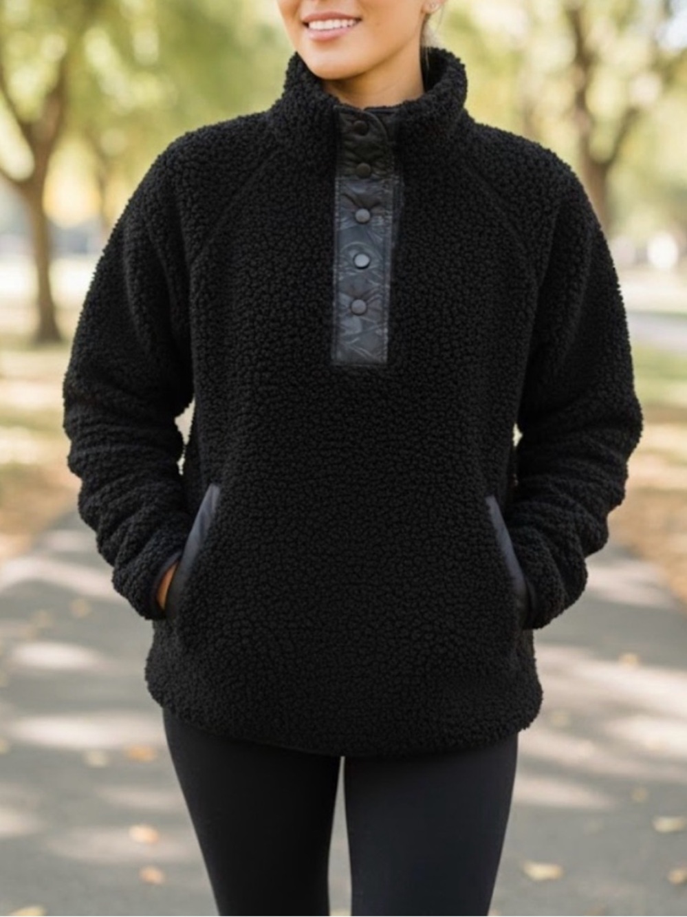 Athleta Black Sherpa Fleece Button Snap Pullover Jacket XS